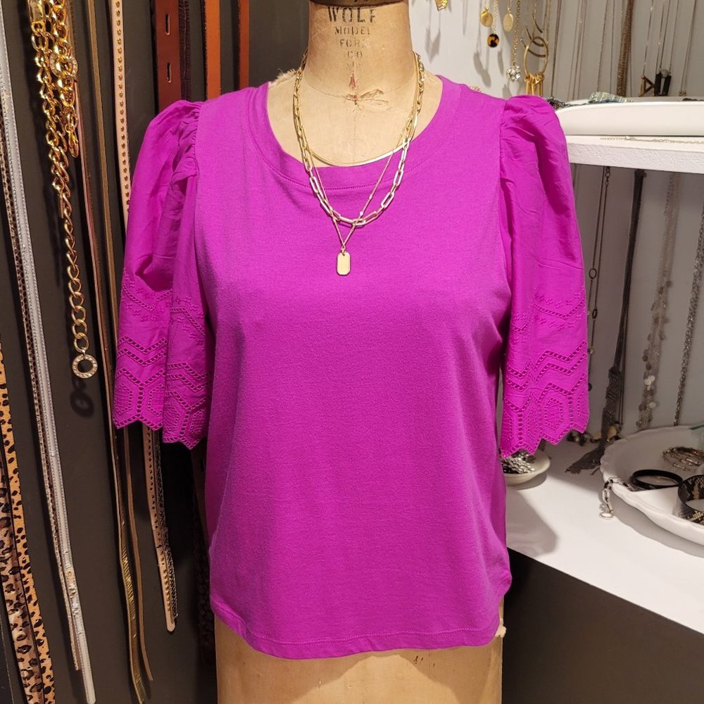 NEW Banana Republic Pink Embroidered Puff Sleeve Blouse